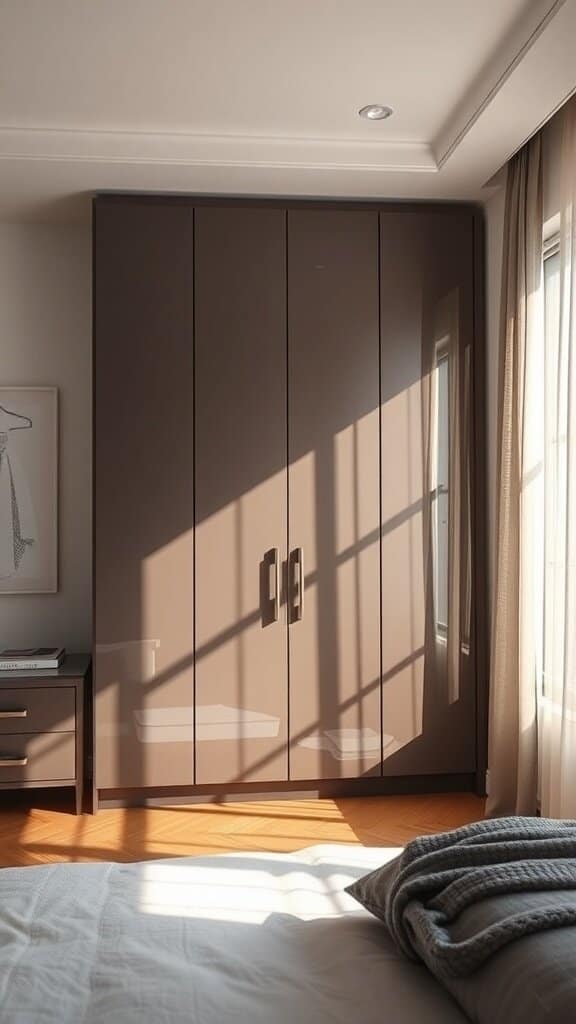 High gloss finish wardrobe in a modern bedroom with wooden flooring and natural light.