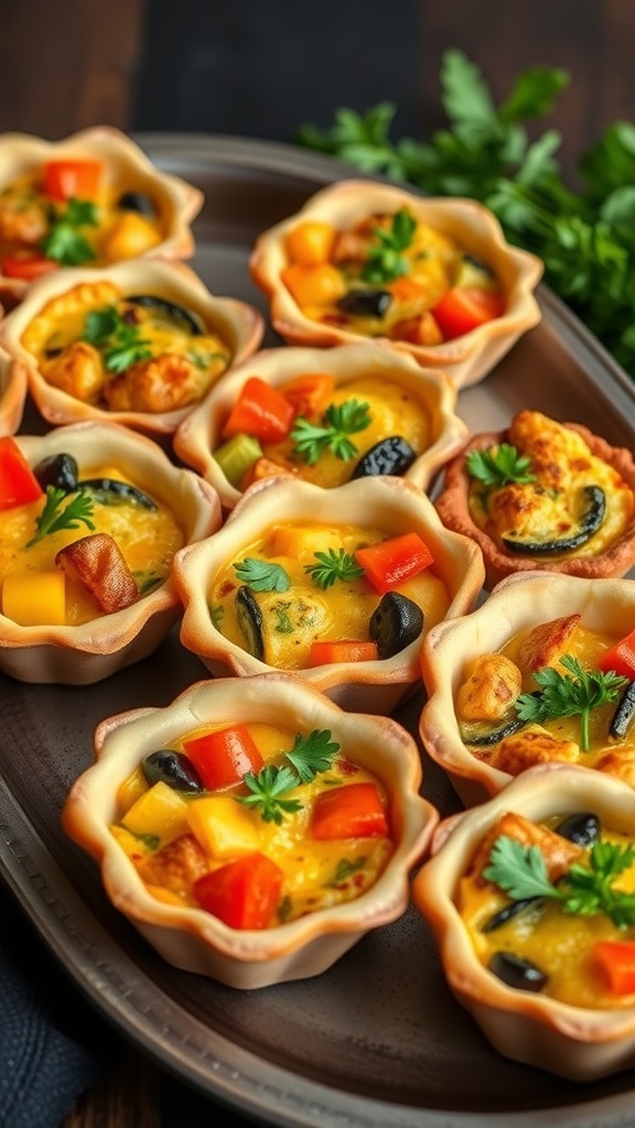 A platter of mini quiches filled with seasonal vegetables, garnished with parsley.
