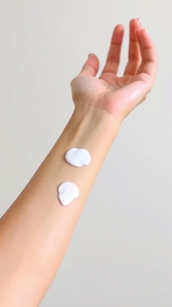 A hand with two cream samples on the skin, illustrating the importance of patch testing skincare products.