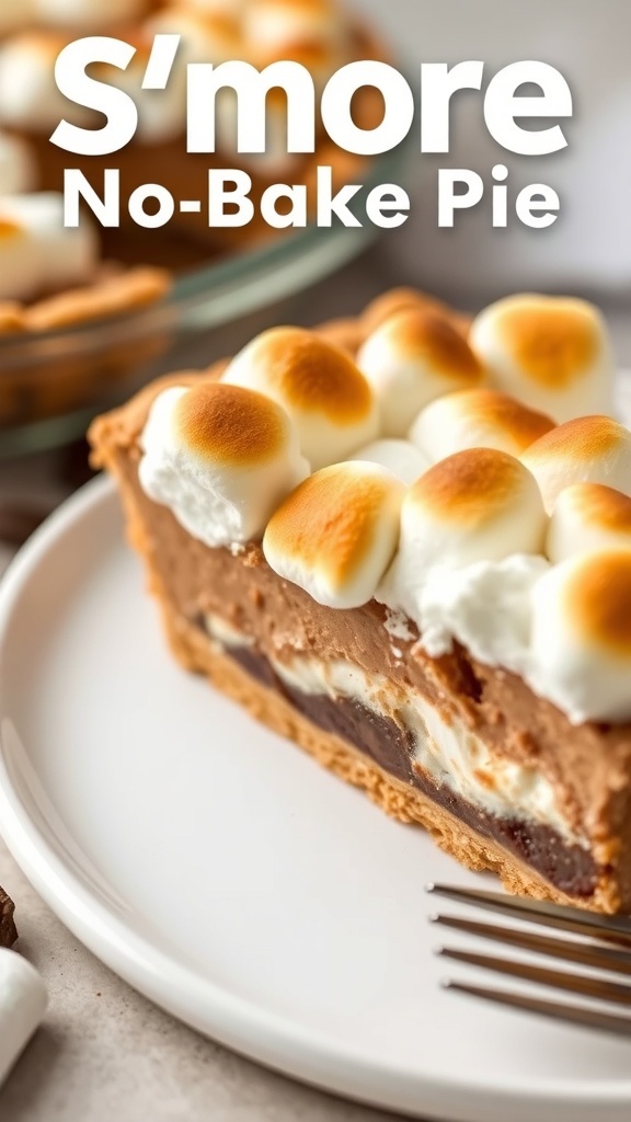 A slice of S'mores No Bake Pie with toasted marshmallows on top.