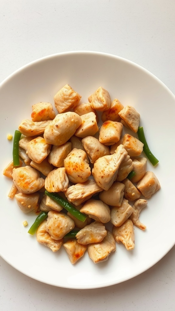 A plate of unseasoned chicken stir-fry with green beans.