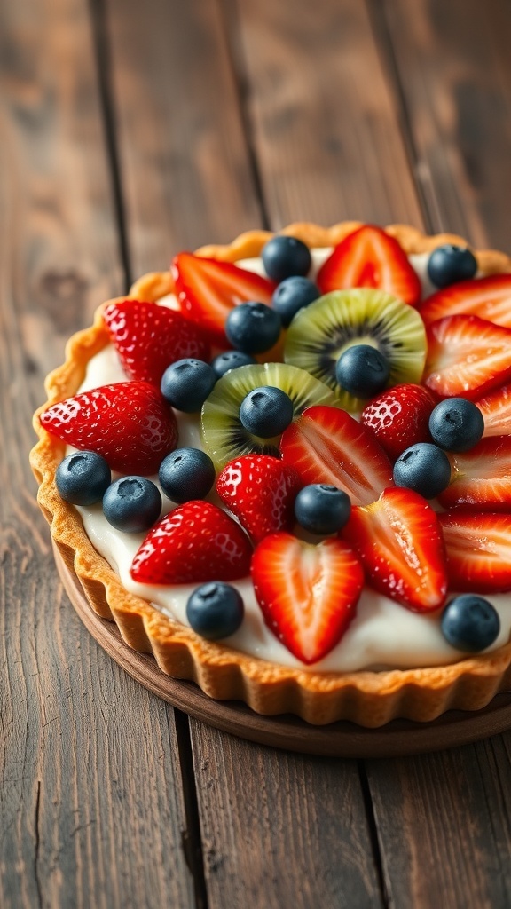 A colorful fruit tart topped with glazed strawberries, blueberries, and kiwi on a wooden table.