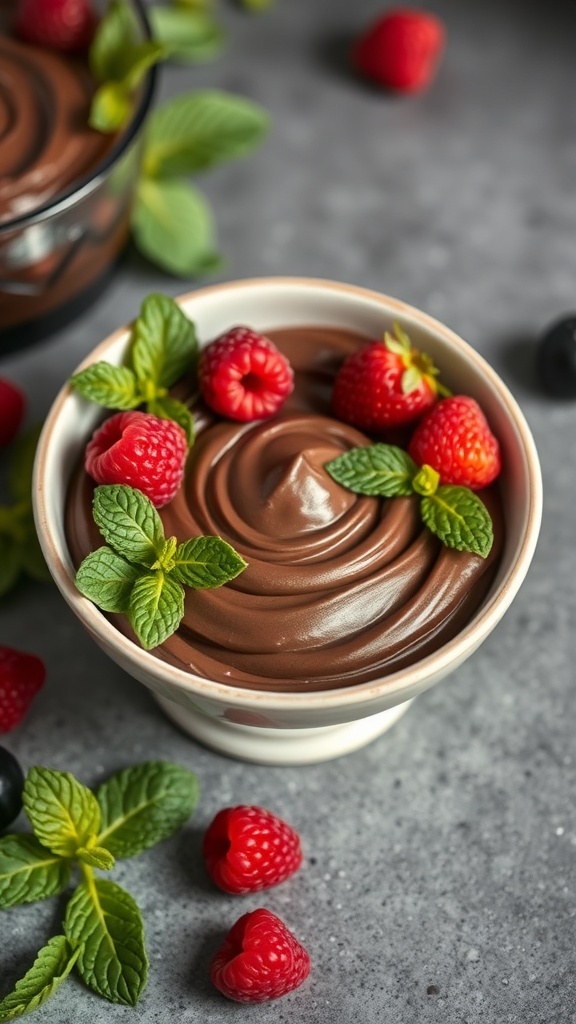 A bowl of chocolate avocado mousse topped with raspberries and mint leaves.