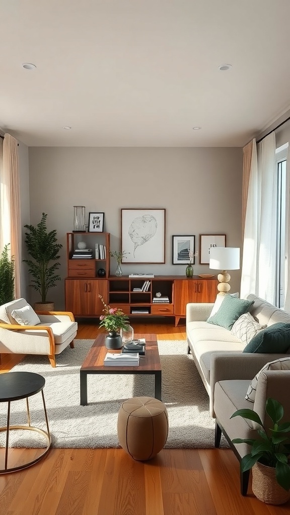 A stylish living room featuring a mix of modern and classic furniture with warm wood tones.