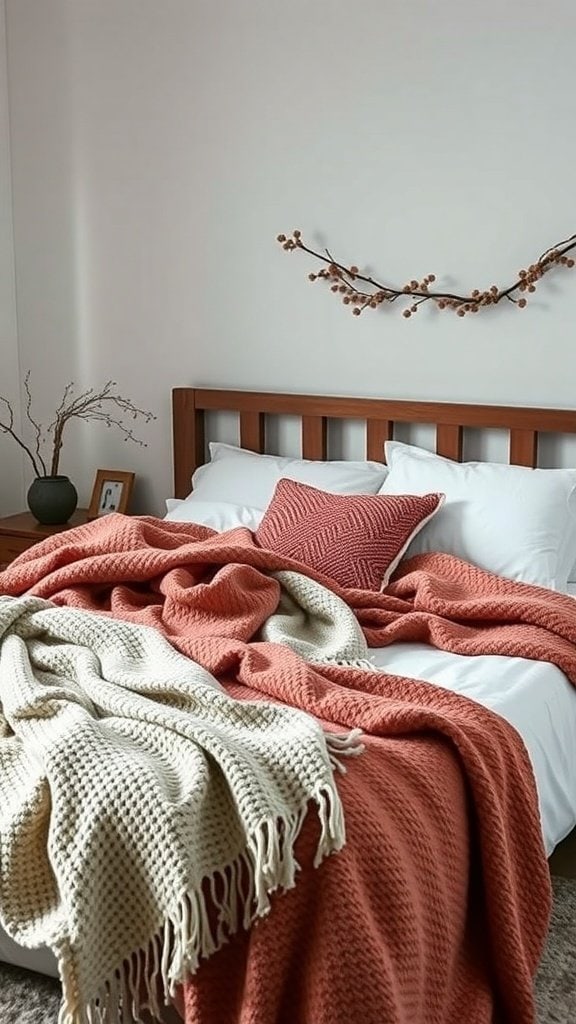 A cozy bedroom with warm throw blankets in soft colors on a bed.