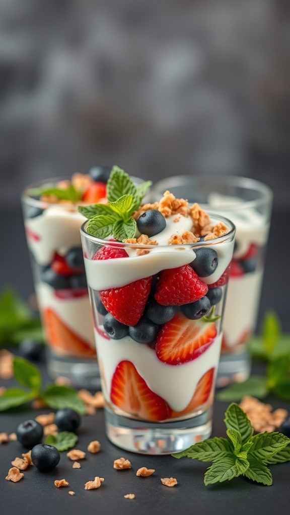 Fruit and yogurt parfaits in glass cups with strawberries, blueberries, raspberries, and granola, garnished with mint leaves.