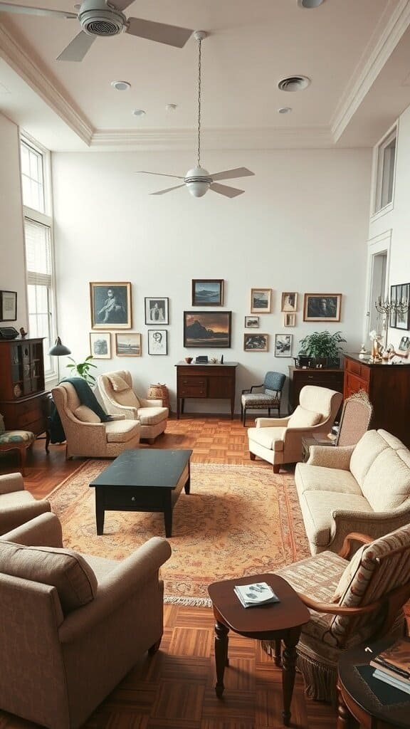 A spacious living room with a simple layout featuring comfortable seating and a central coffee table.