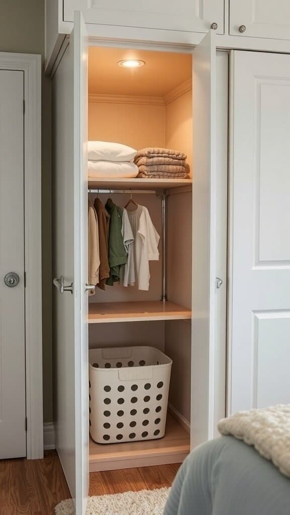Wardrobe with built-in laundry hamper showing folded towels, hanging clothes, and a laundry basket.