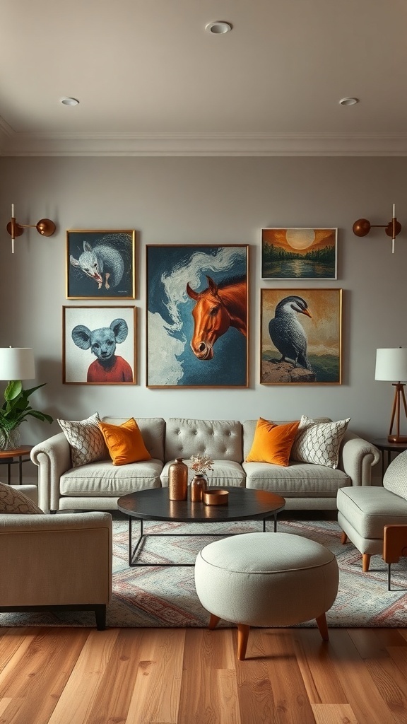 A living room with a mix of animal portraits and a human figure, showcasing a quirky art style.