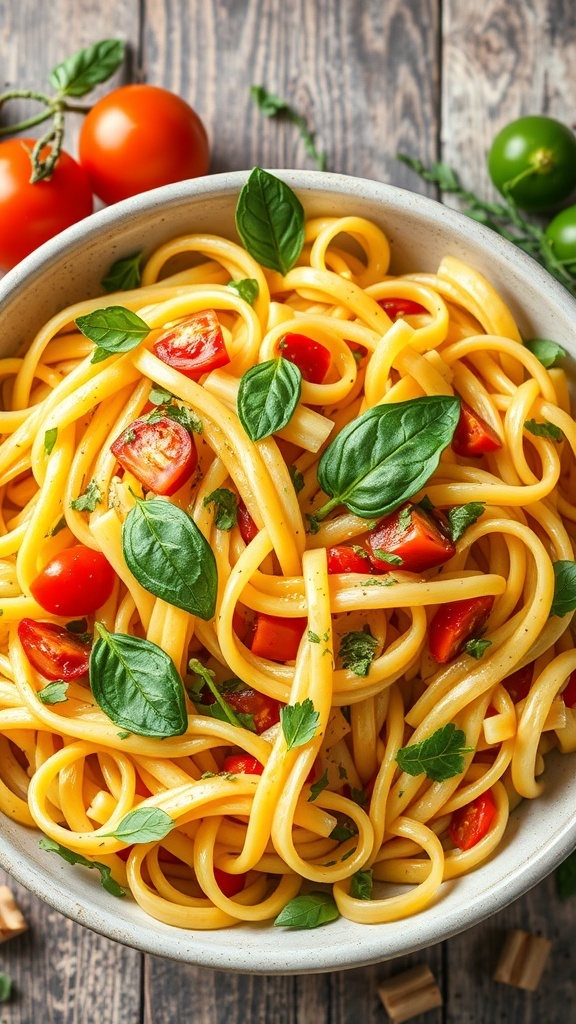 A bowl of Pasta Primavera with spaghetti, cherry tomatoes, and basil leaves.
