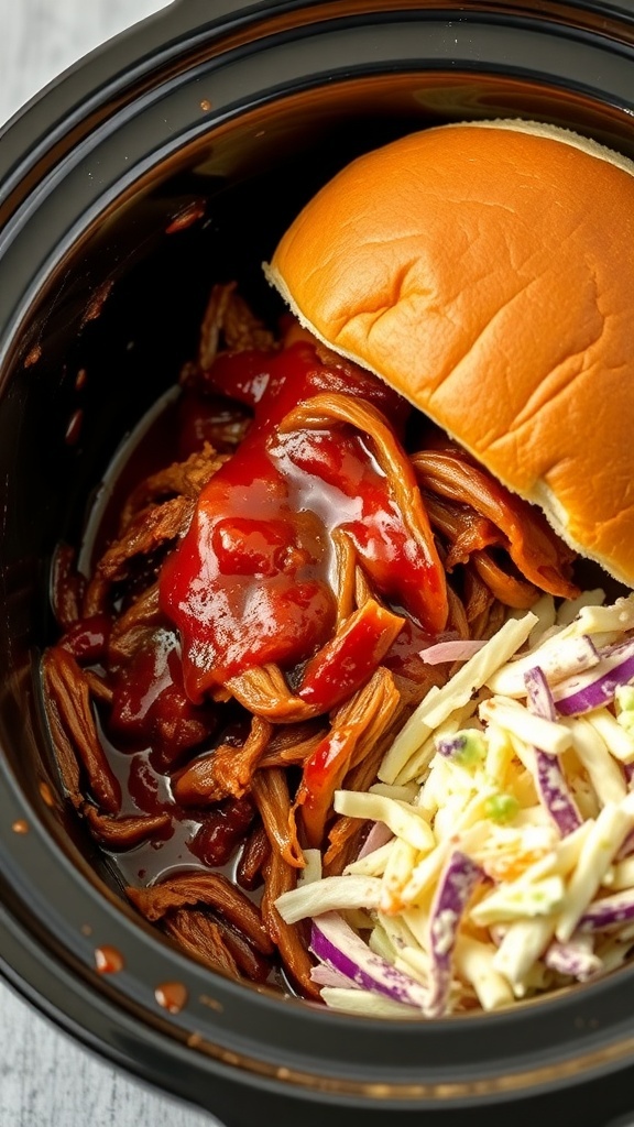 A serving of overly sweet BBQ pulled pork in a slow cooker, with a bun and coleslaw on the side.