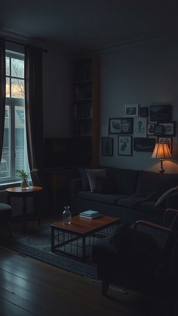 A dimly lit living room with a single lamp, dark furniture, and a window letting in limited light.