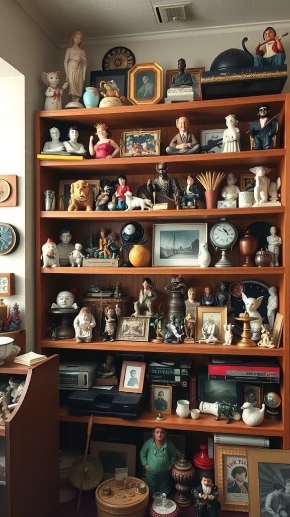A cluttered shelf filled with various knickknacks and figurines.