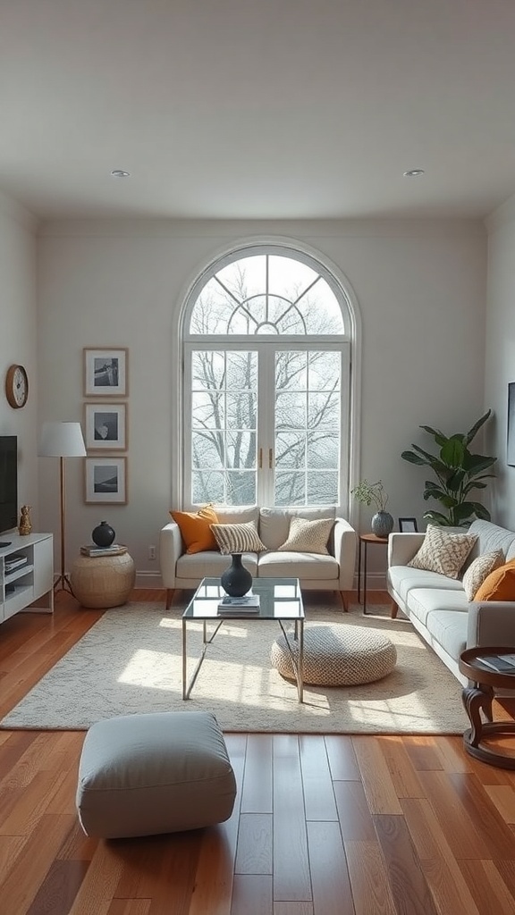A modern living room with a large window, light colors, and minimal decor.