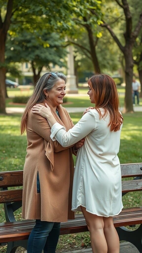 Two women sharing a warm moment in a park, showcasing emotional connection.