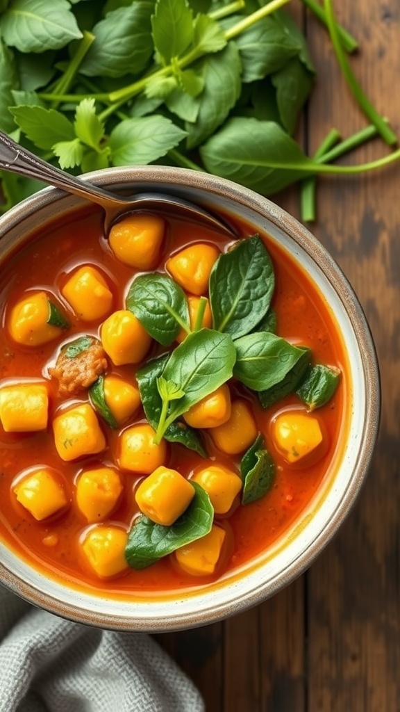 A bowl of chickpea curry with spinach, garnished with fresh spinach leaves, on a wooden table.
