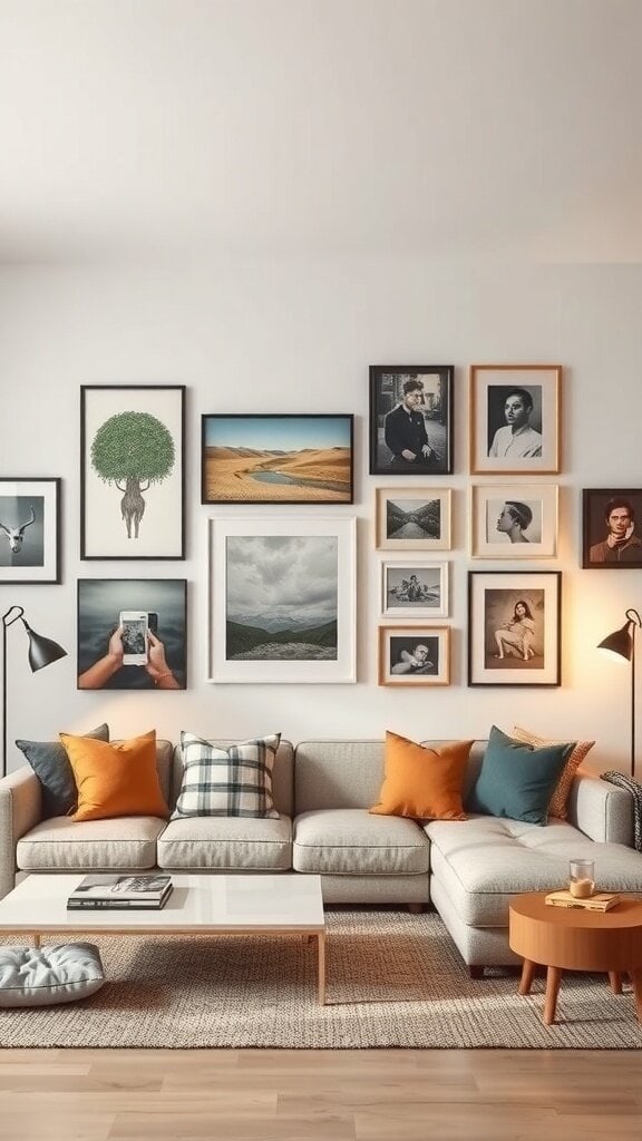 A cozy living room featuring a gallery wall with various framed artworks and photographs, complemented by a comfortable sofa and decorative pillows.