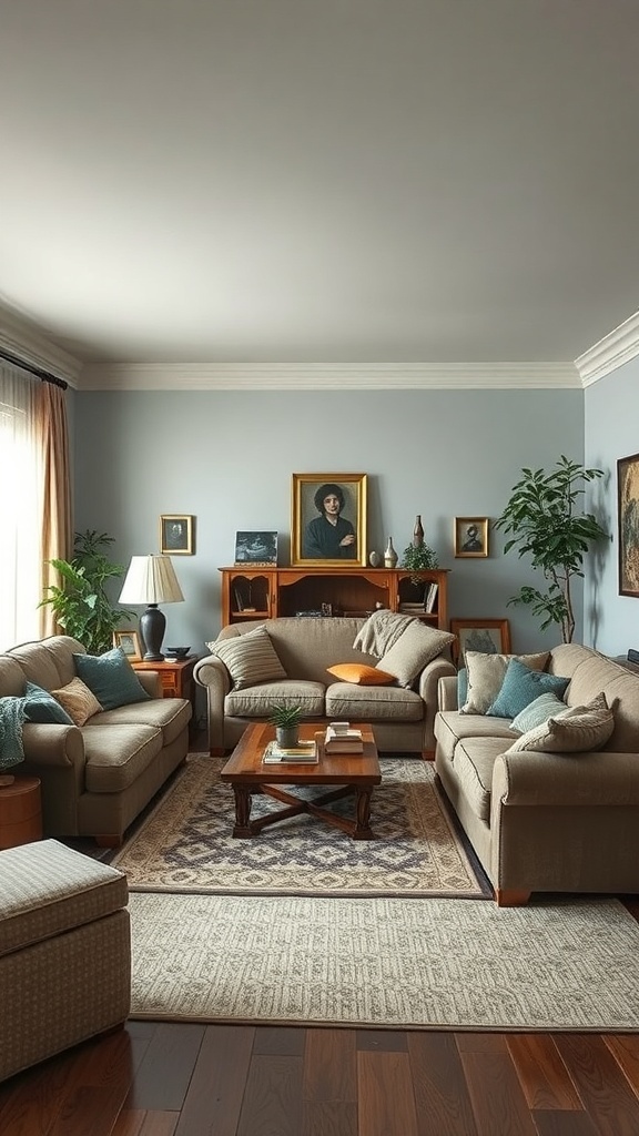 A cozy living room with overstuffed sofas and a wooden coffee table.