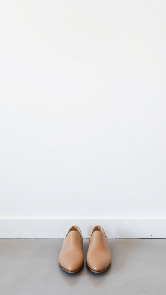 A pair of tan slip-on shoes on a minimalist background.