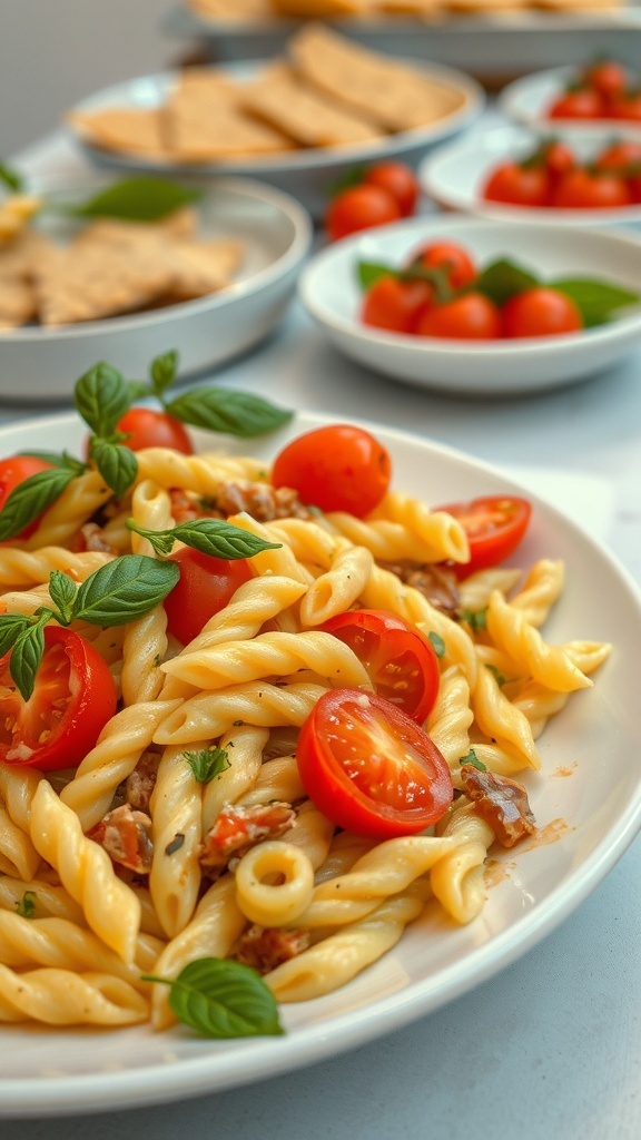 A colorful pasta salad with unripe tomatoes, fresh herbs, and a light dressing.