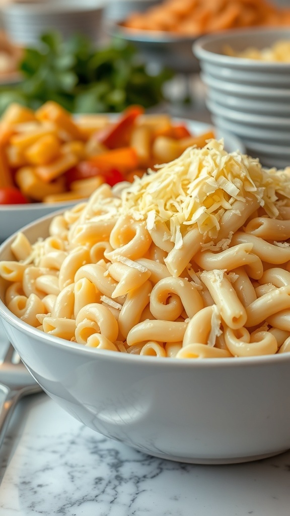 A bowl of bland fusilli pasta topped with shredded cheese, sitting on a marble surface with other dishes in the background.