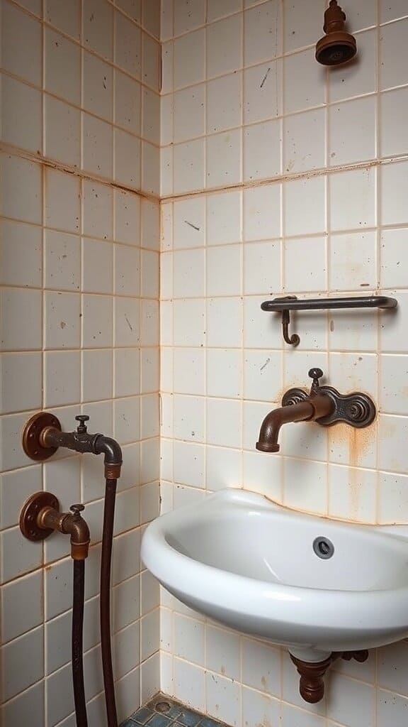 An old-fashioned bathroom with rusty pipes and a worn sink.