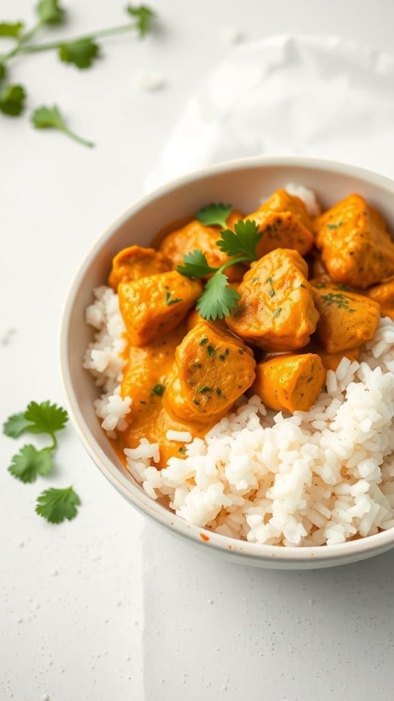 A bowl of coconut curry chicken served over rice, garnished with cilantro.