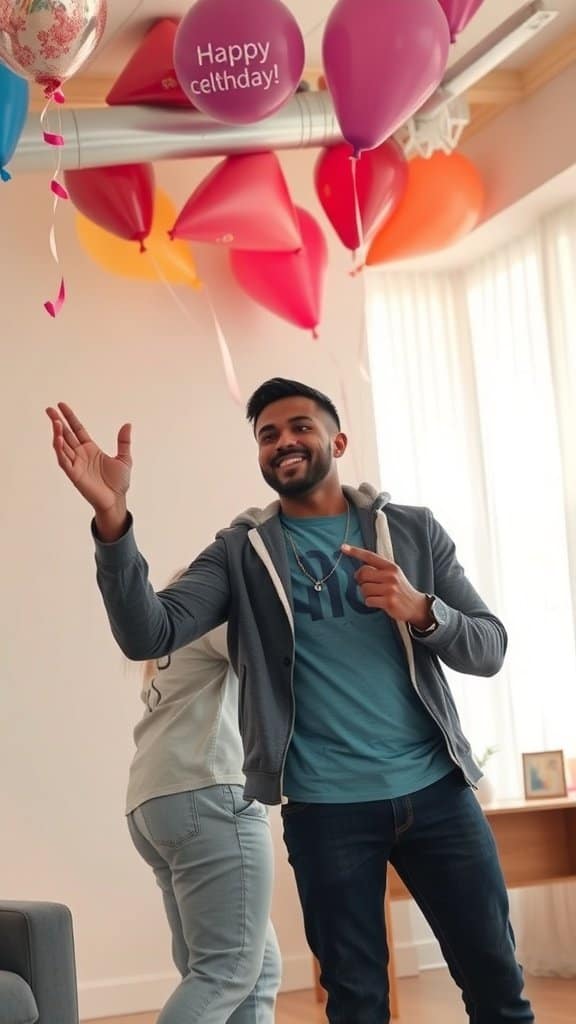 A man celebrating with balloons, smiling and enjoying a special occasion.