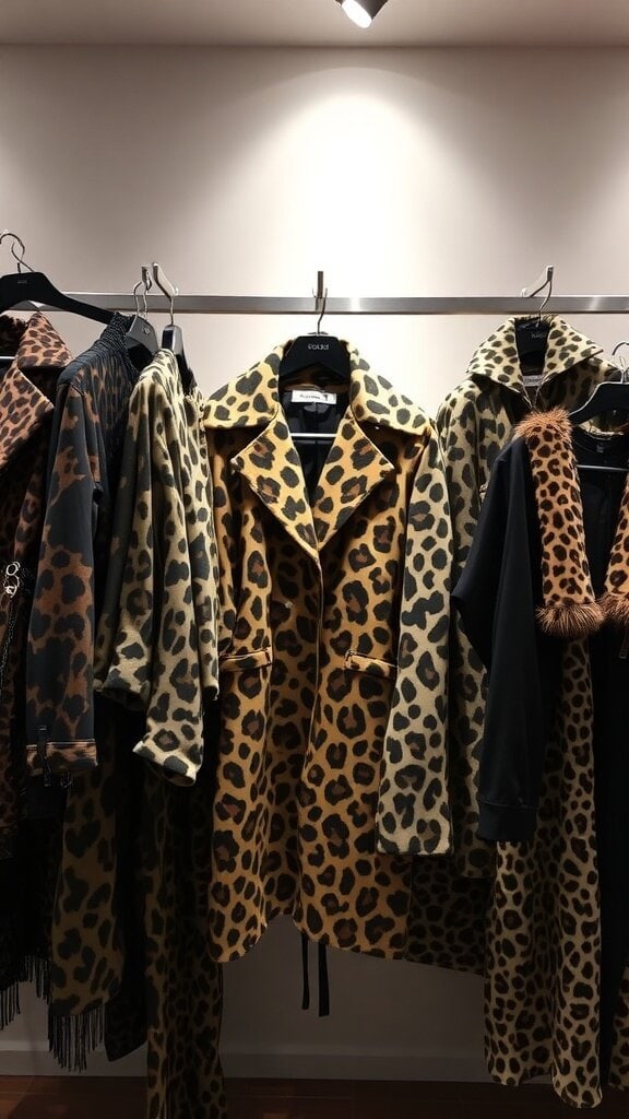 A rack of animal print coats in various styles and colors.