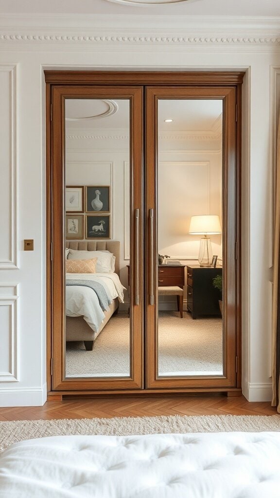 Wardrobe with mirrored doors reflecting a cozy bedroom interior
