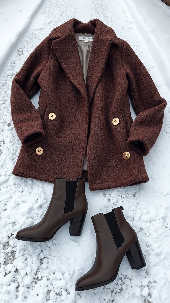 A pair of stylish brown ankle boots next to a brown coat on snow