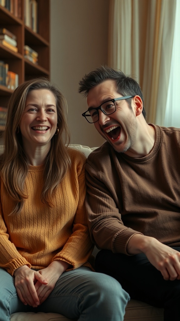 A couple laughing together, showing emotional connection and comfort.