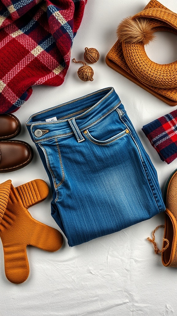 A flat lay of classic blue denim jeans with winter accessories including a plaid scarf, warm boots, and a cozy hat.