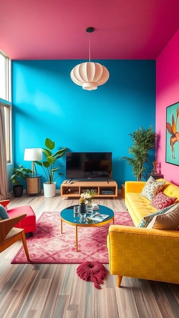 A vibrant living room featuring blue and pink walls, a yellow sofa, red chairs, and a pink rug.