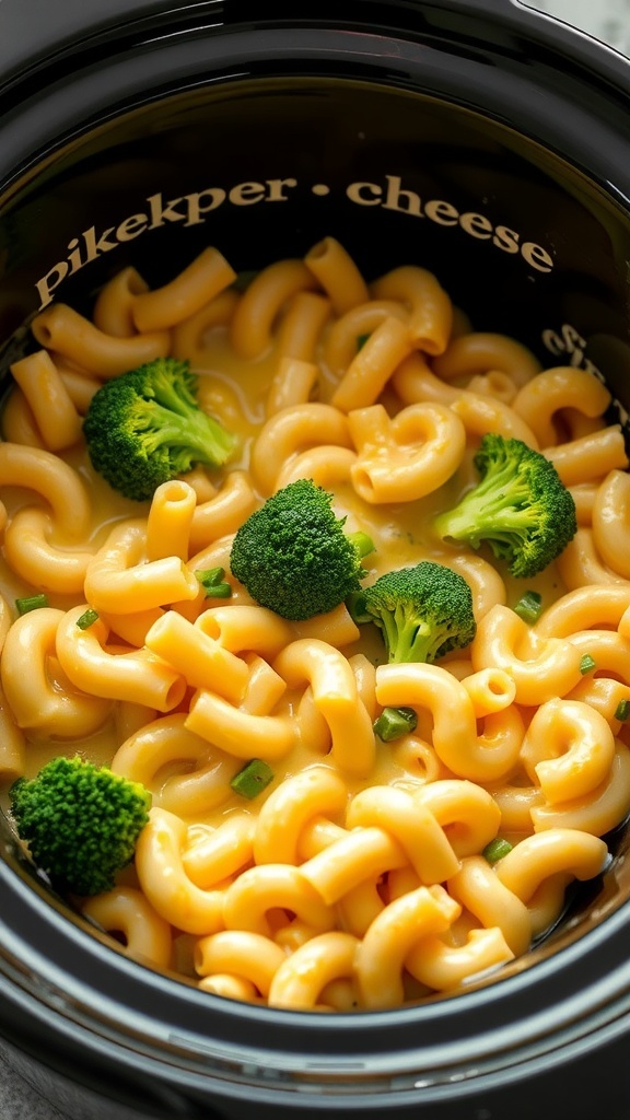 A slow cooker filled with macaroni and cheese and broccoli, showcasing a creamy and cheesy dish.