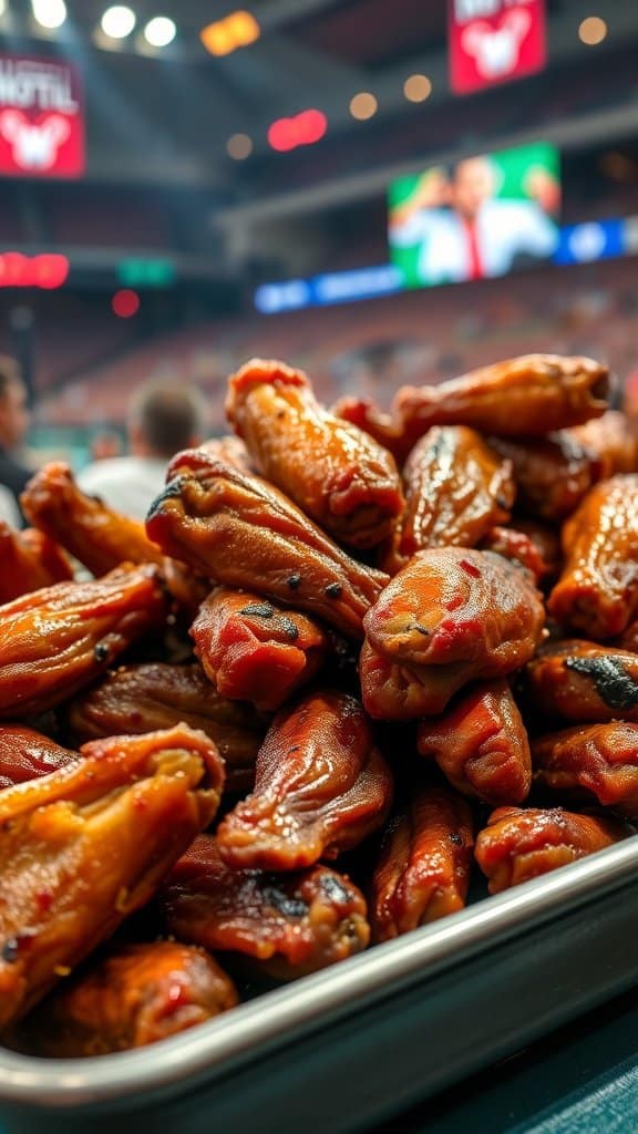 A platter of overcooked chicken wings, glistening with sauce, sitting on a table during a Super Bowl party.