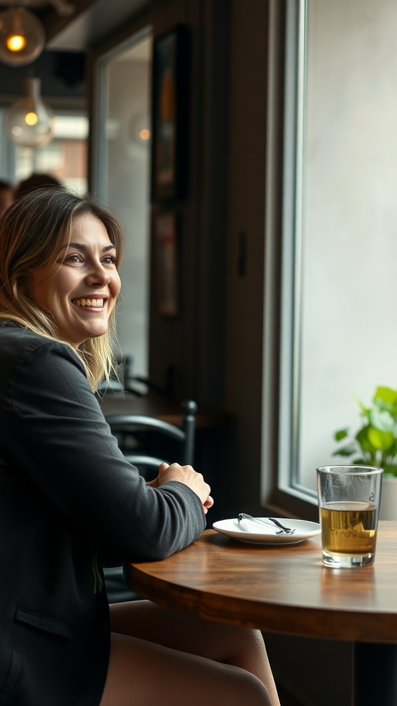 A woman smiling in a café, enjoying her drink and looking happy.