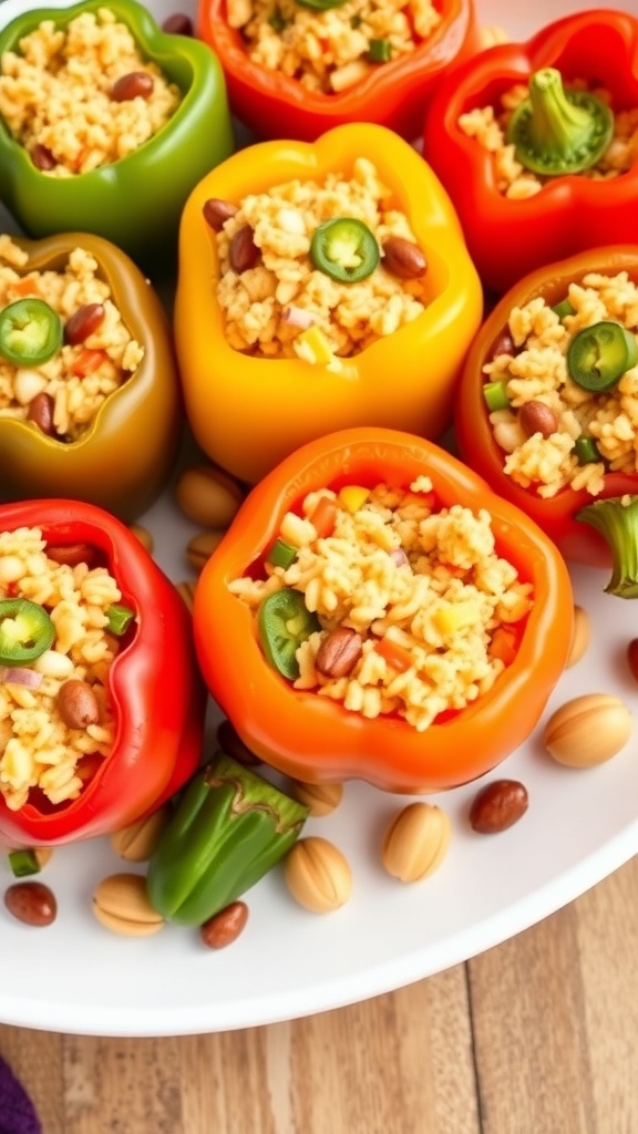 Colorful stuffed bell peppers filled with rice and beans on a plate.