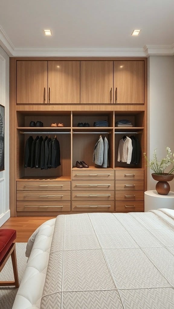 A custom built-in wardrobe with wooden finish, featuring open shelves and drawers, in a modern bedroom.
