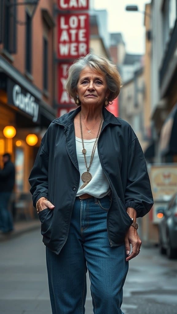 A stylish older woman walking confidently in a fitted outfit, showcasing a balanced look.