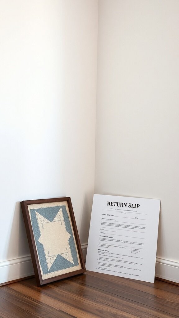 A framed artwork and a return slip leaning against a wall.
