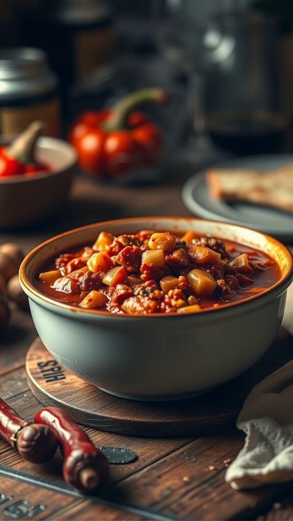 A bowl of chili con carne with chunks of meat and beans, garnished with fresh ingredients.