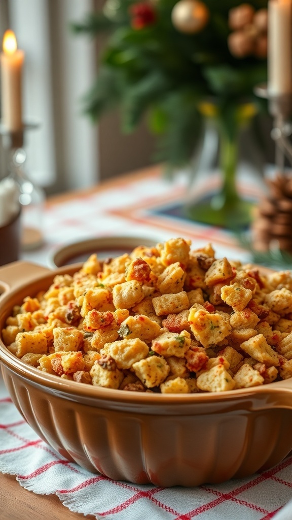 A bowl of dry stuffing mix ready to be served at a holiday dinner.