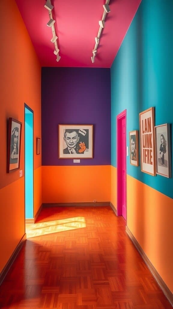 A colorful hallway with orange, blue, purple walls and framed art.