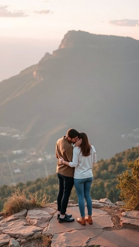 A couple sharing a kiss on a mountaintop, symbolizing loyalty and commitment in a relationship.