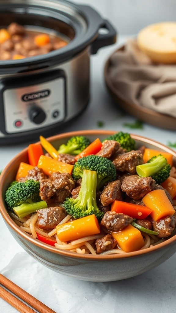 A bowl of beef and broccoli stir fry with colorful vegetables, next to a crockpot.
