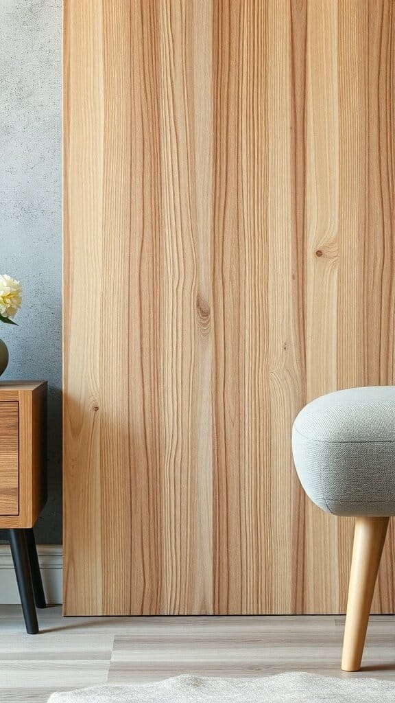 A close-up of a wooden panel and a stylish chair, showcasing quality materials.