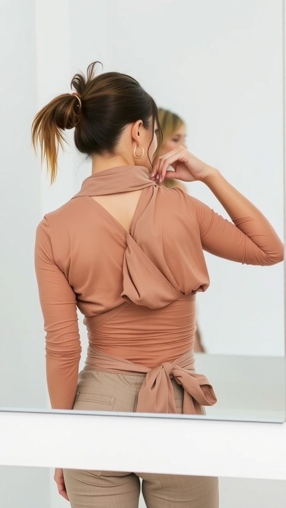 A woman wearing a stylish wrap top with a unique back design, showcasing an adjustable fit.