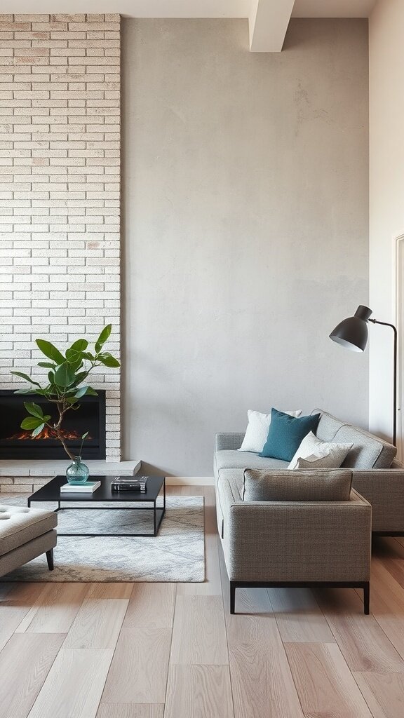A modern living room featuring a gray wall, a textured brick fireplace, and minimalist furniture.