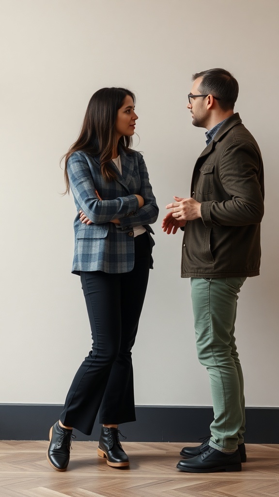 A man and a woman engaged in a conversation, showing active listening through their body language.